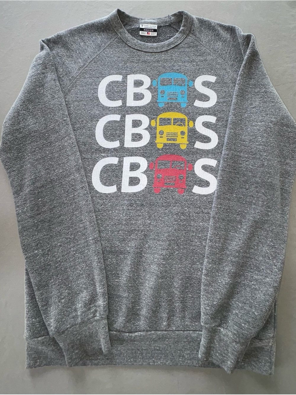Gray Graphic Crewneck Sweatshirt with Blue, Yellow & Red Bus Motif